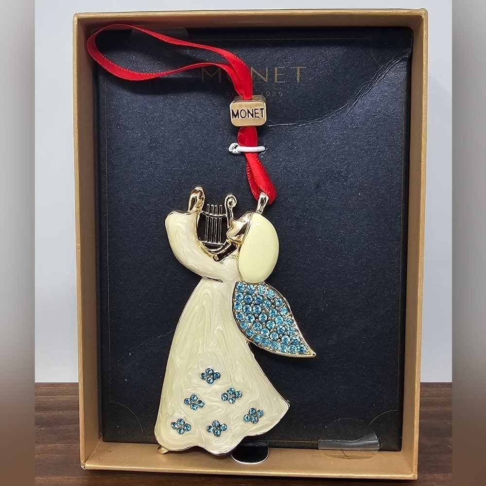 Monet Angel Harp Pendant Christmas Ornament White Enamel Blue Rhinestone New IOB